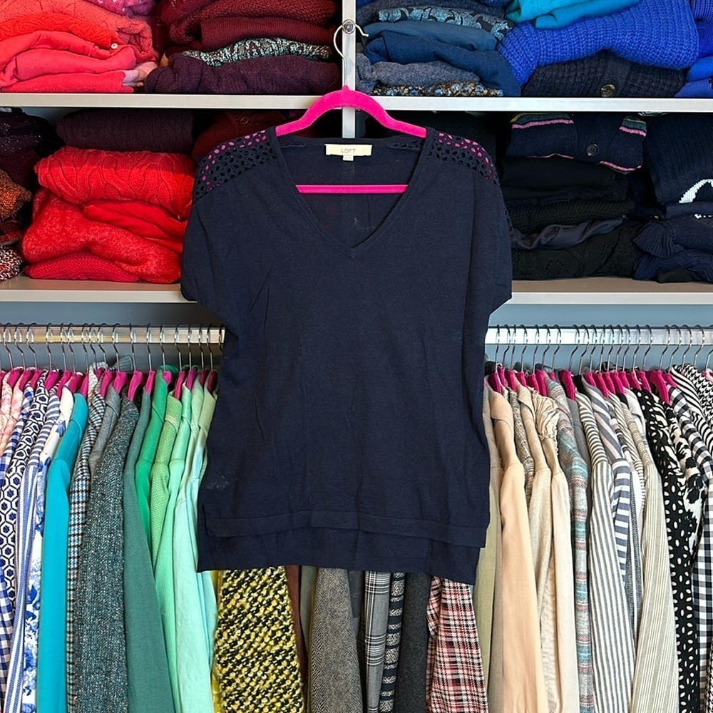 Loft navy with eyelet short sleeve v neck top size XXS​